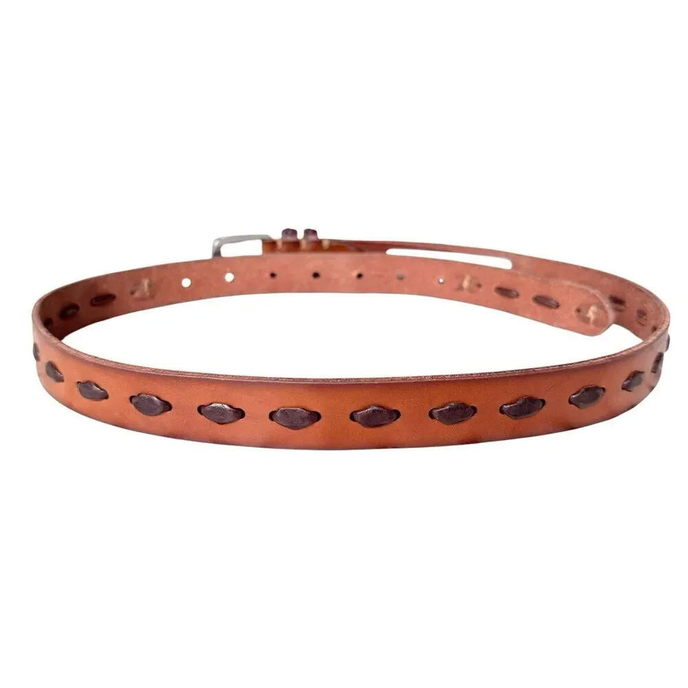Frye Cognac Leather Belt Silver Buckle Womens Small Woven Detail Style 34DC053